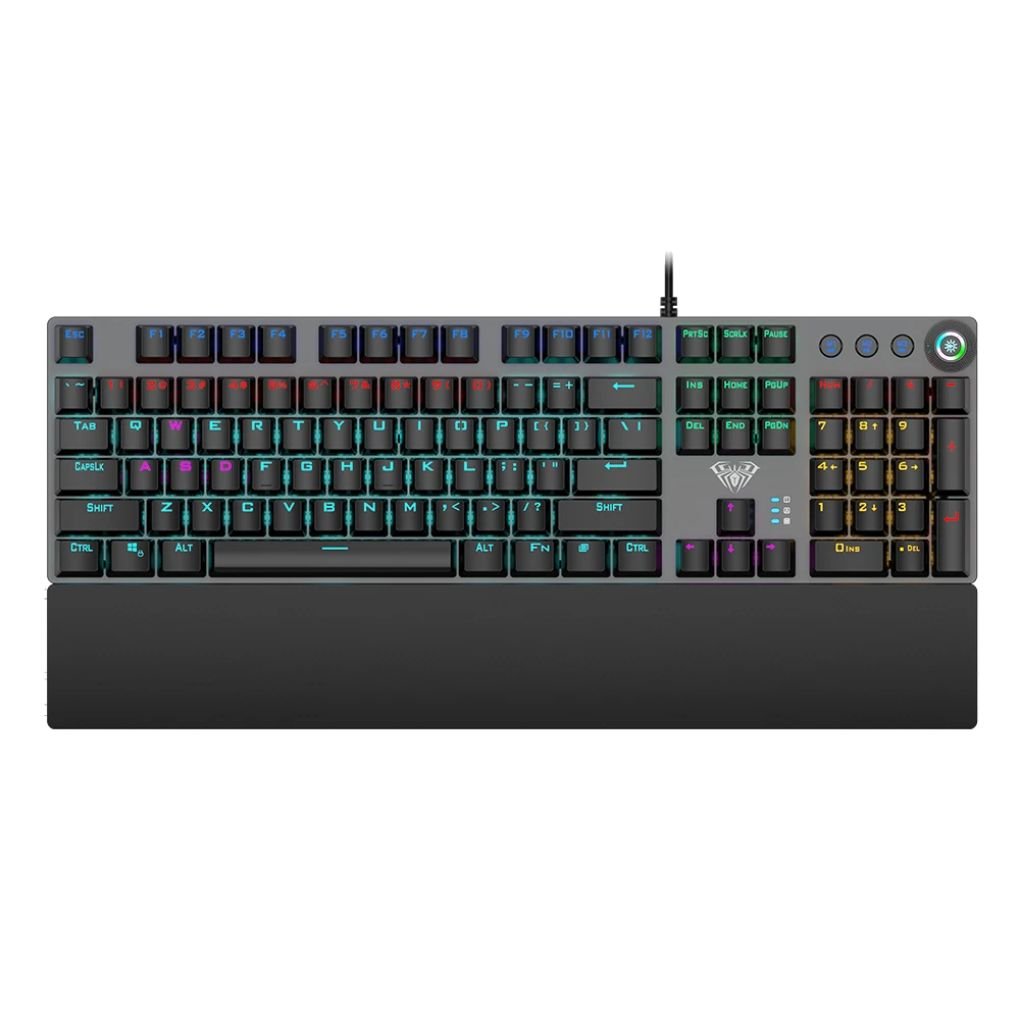 AULA F2058 Wired Mechanical Gaming RGB Backlight Keyboard With Media Knob & Handrest | Black, Blue Switch (F2058B)