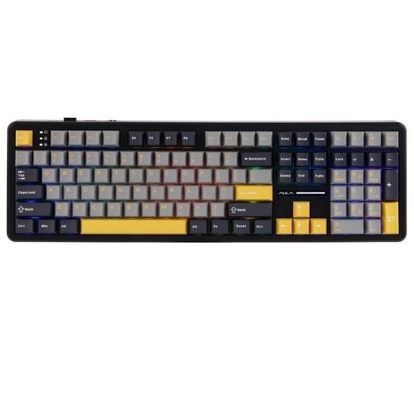 AULA F108 Tri-Mode 100% Full Size Hot-Swappable Wireless Mechanical Gaming Keyboard | Grey + Yellow, Volcanic Axis Switch (F108GrYA)