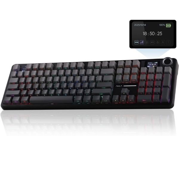 AULA F108PRO Side-Engraved Keycaps Full Size Tri-Mode Wireless Mechanical Gaming Keyboard with Screen & Knob | Gradient Gray, Zephyr Switch (F108ProGrZ)