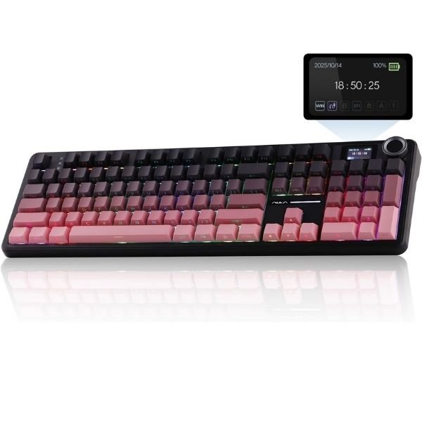 AULA F108PRO Side-Engraved Keycaps Full Size Tri-Mode Wireless Mechanical Gaming Keyboard with Screen & Knob | Gradient Pink, Graywood Switch (F108ProPW)